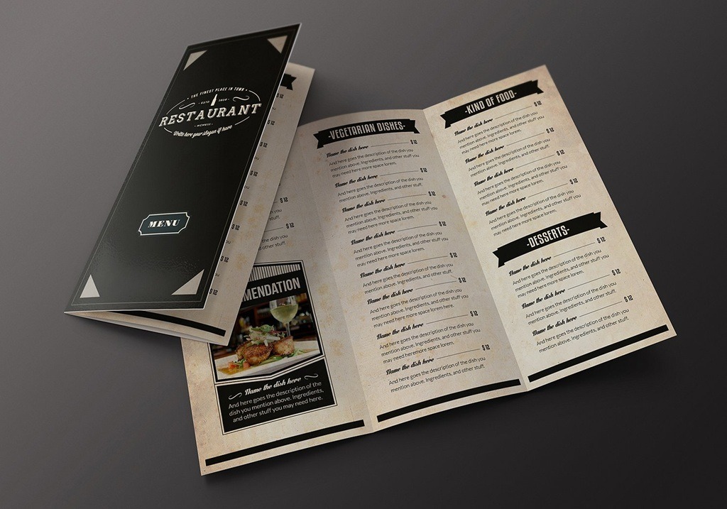 Features:

- Trifold A4 menu
- A4 Menu Poster
- Table tent
- Logo/Stamp included
- Very Easy to add your own text and image
- Bleeds: 5mm
- CMYK
- Print Ready
- Free Fonts used (links inside “Help File”)

If you like this template don’t forget to recommen